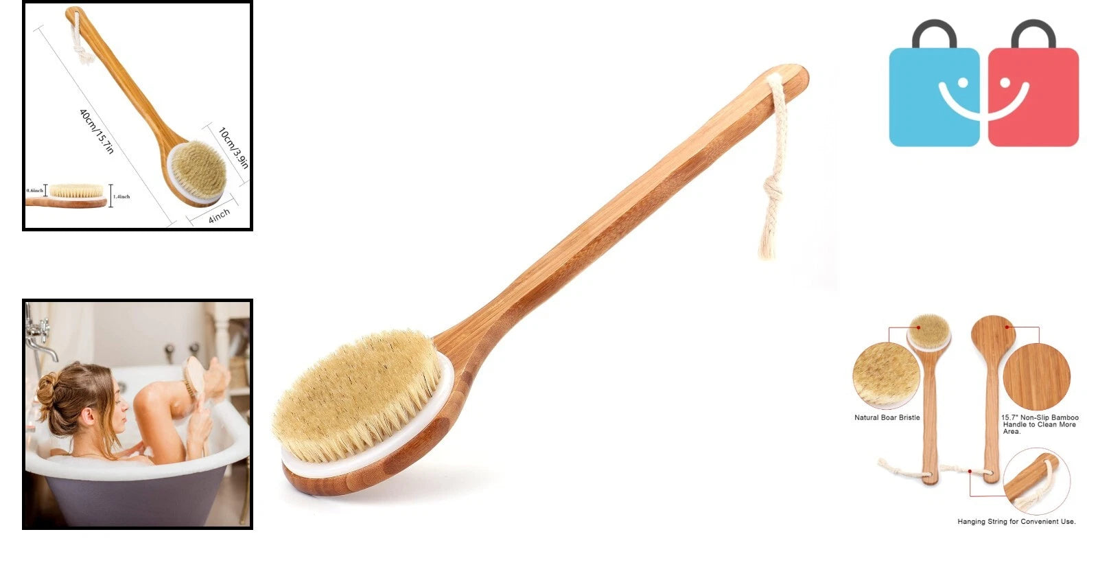 Natural Bristle Bamboo Shower Brush – Exfoliating Body Brush for Spa Experience