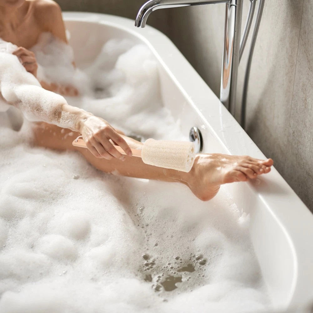 Natural Loofah Bath Scrubber Brush with Long Handle for Easy Cleaning