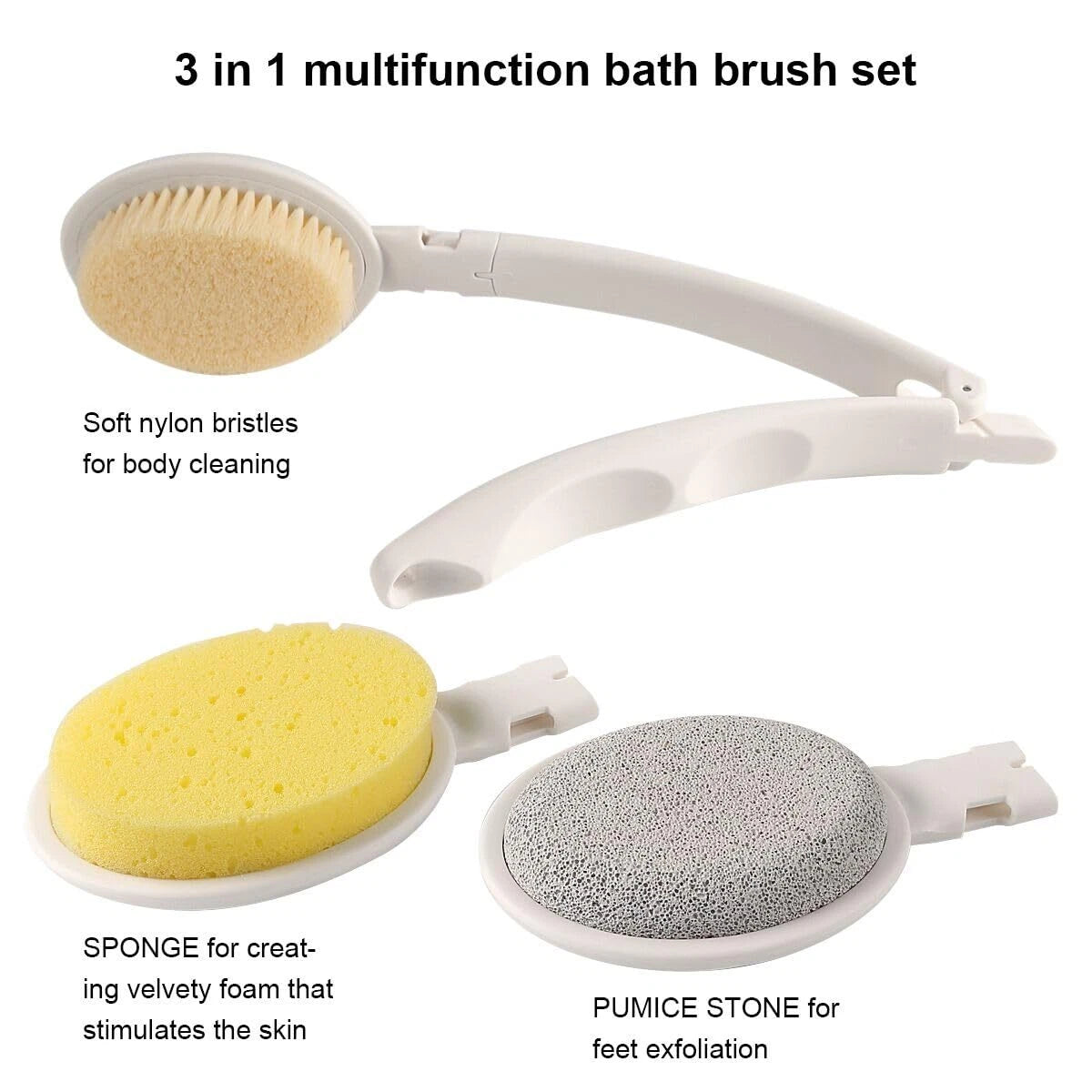 H&E 3 in 1 Bath Sponge Set for Shower, 19" Long Handled Bath Brush
