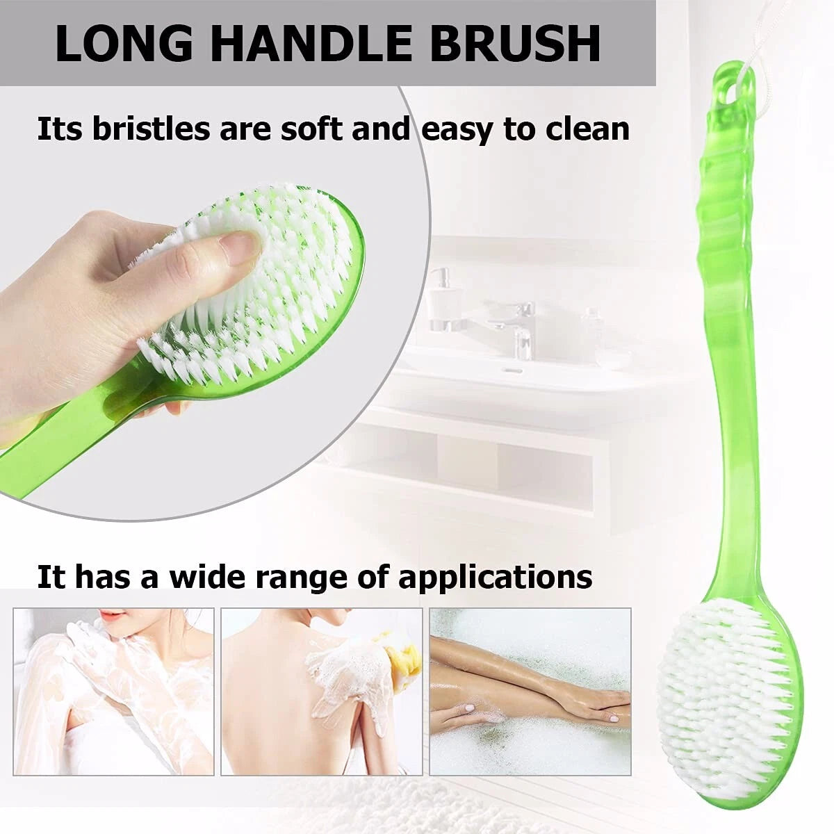 Long Handle Bristle Bath Brush, Body Scrub Brush, Massage Bead Bath Brush