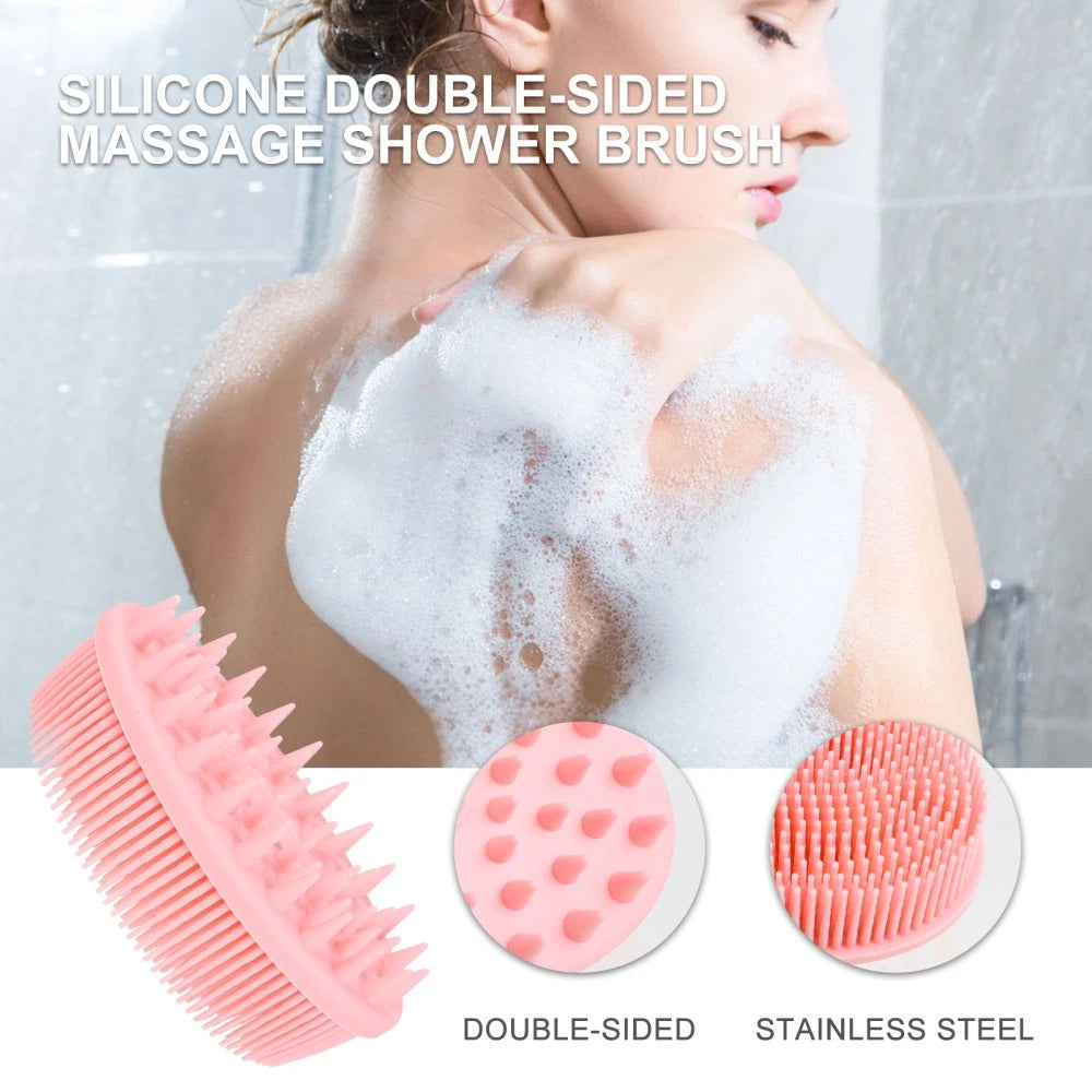 Double-sided Shower Brush Silicone Body Scrubber Bath Massage Brush (Pink)