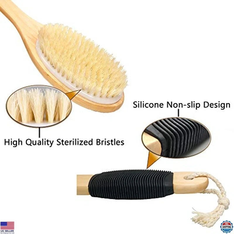 Wooden Curved Bath Brush with Long Handle, Antiskid Exfoliating Scrubber