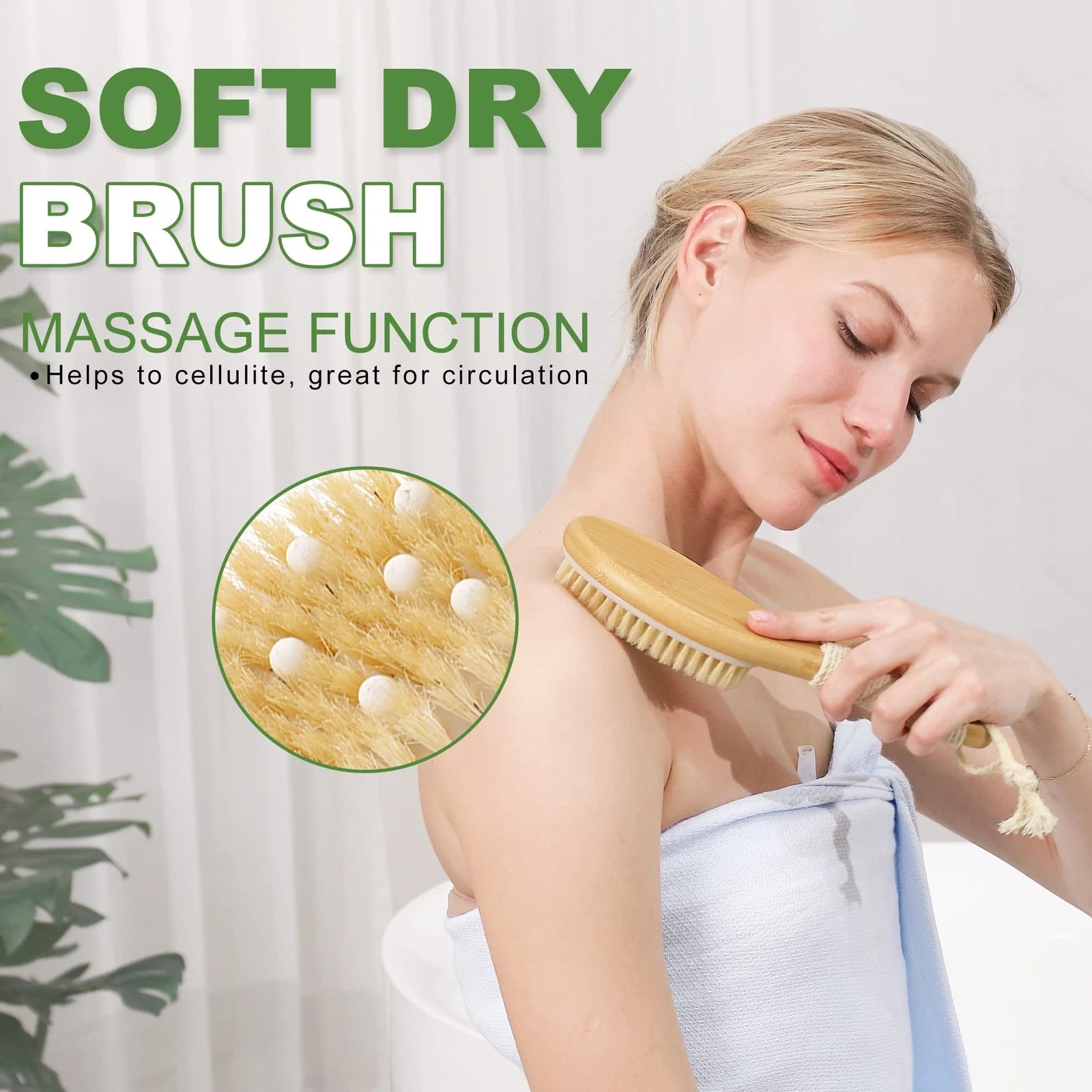 Back Long Handle Scrubber Body Dry Brushing Natural Boar Bristle Exfoliating