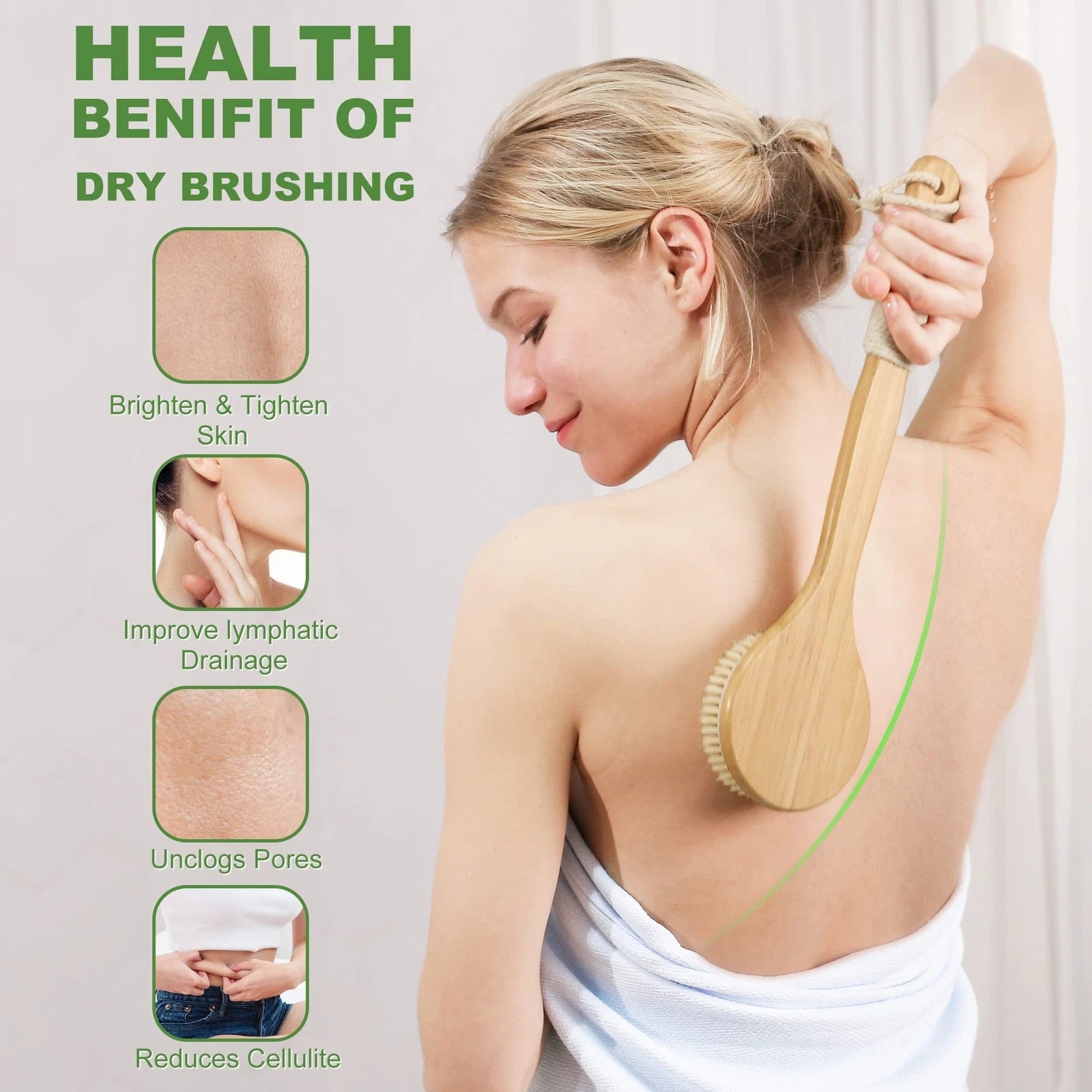 Back Long Handle Scrubber Body Dry Brushing Natural Boar Bristle Exfoliating