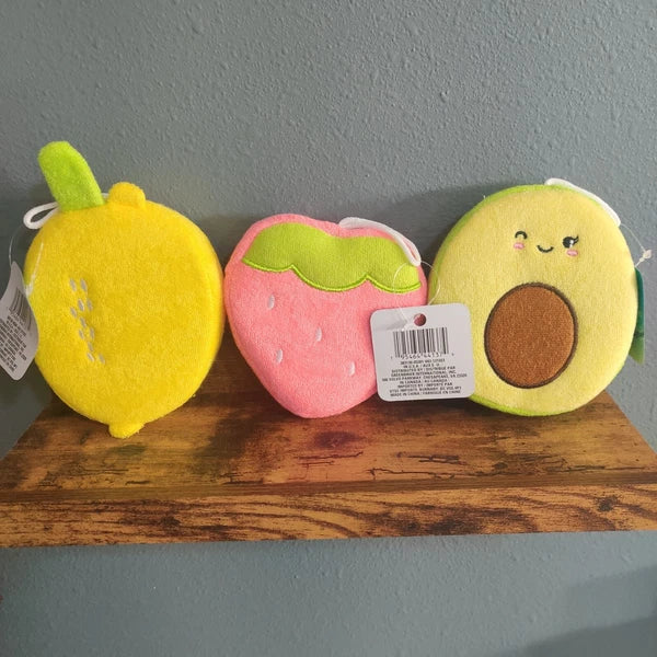 Bath Sponge Set NWT Lemon Strawberry Avocado Cute Kawaii Fruit Body Loofah Scrub
