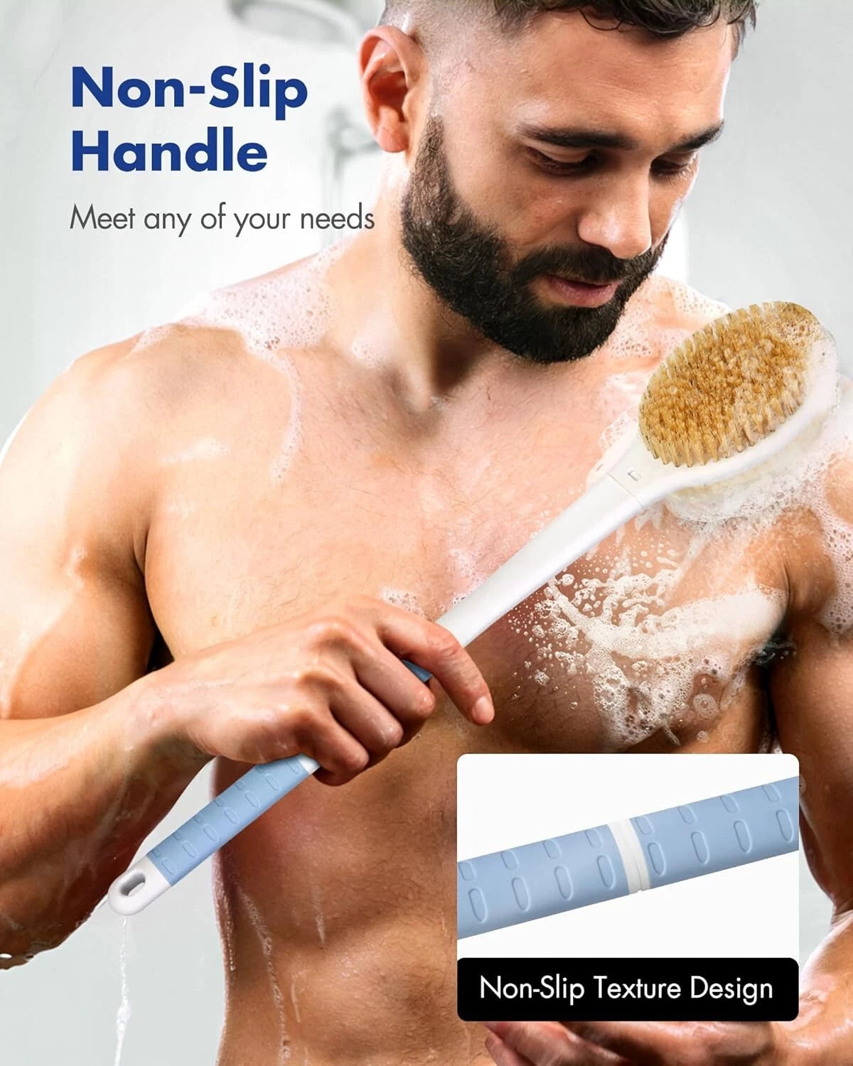 Body Shower Brush Back Scrubber: Anti Slip Long Handle Bath Brush with Stiff and
