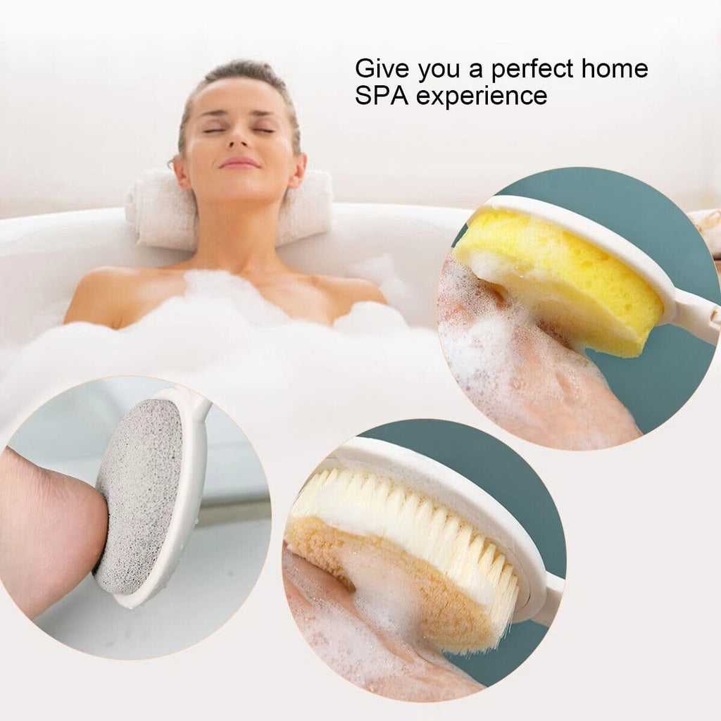 H&E 3 in 1 Bath Sponge Set for Shower, 19" Long Handled Bath Brush