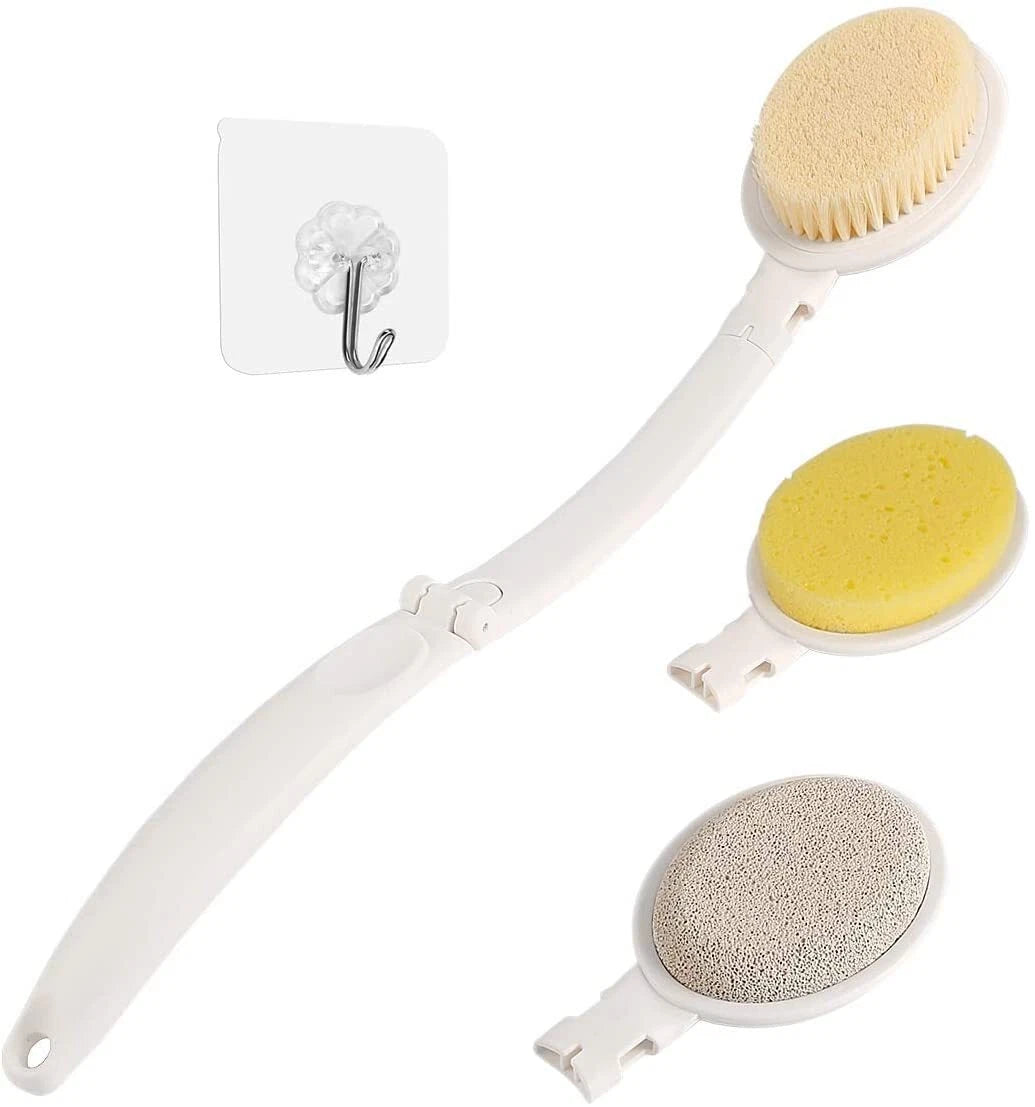 H&E 3 in 1 Bath Sponge Set for Shower, 19" Long Handled Bath Brush