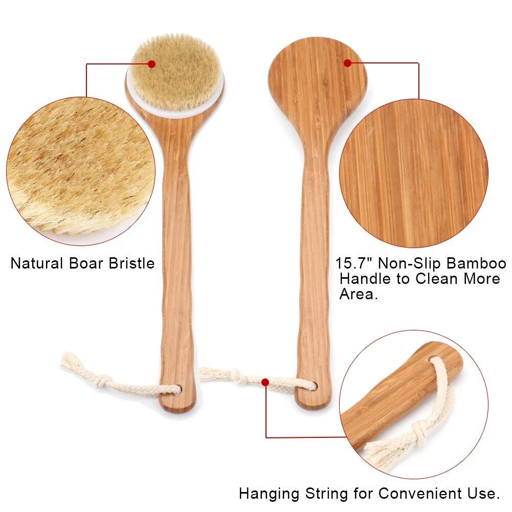 Natural Bristle Bamboo Shower Brush – Exfoliating Body Brush for Spa Experience