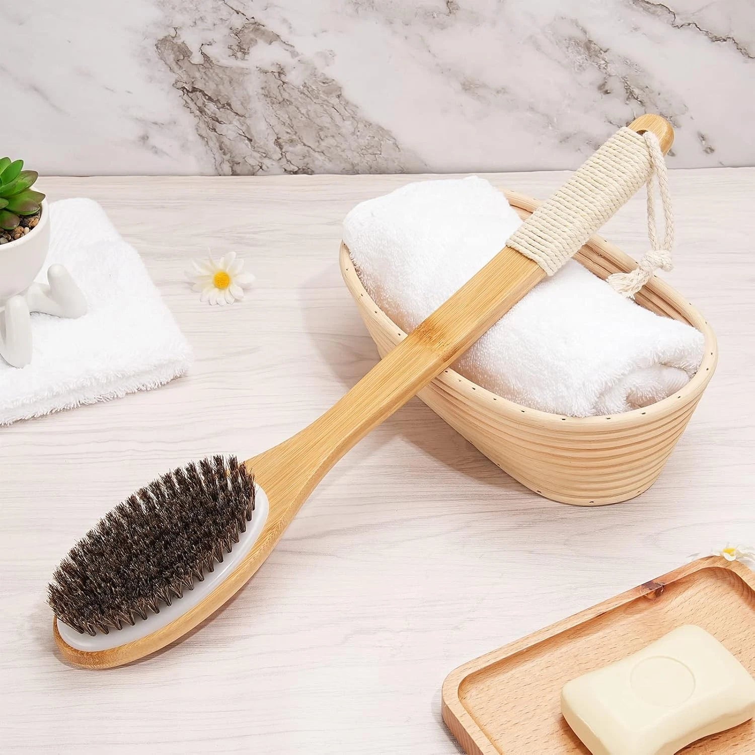 Exfoliating Back Scrubber for Shower with Curved Long Handle, 16.7 Inches Bamboo