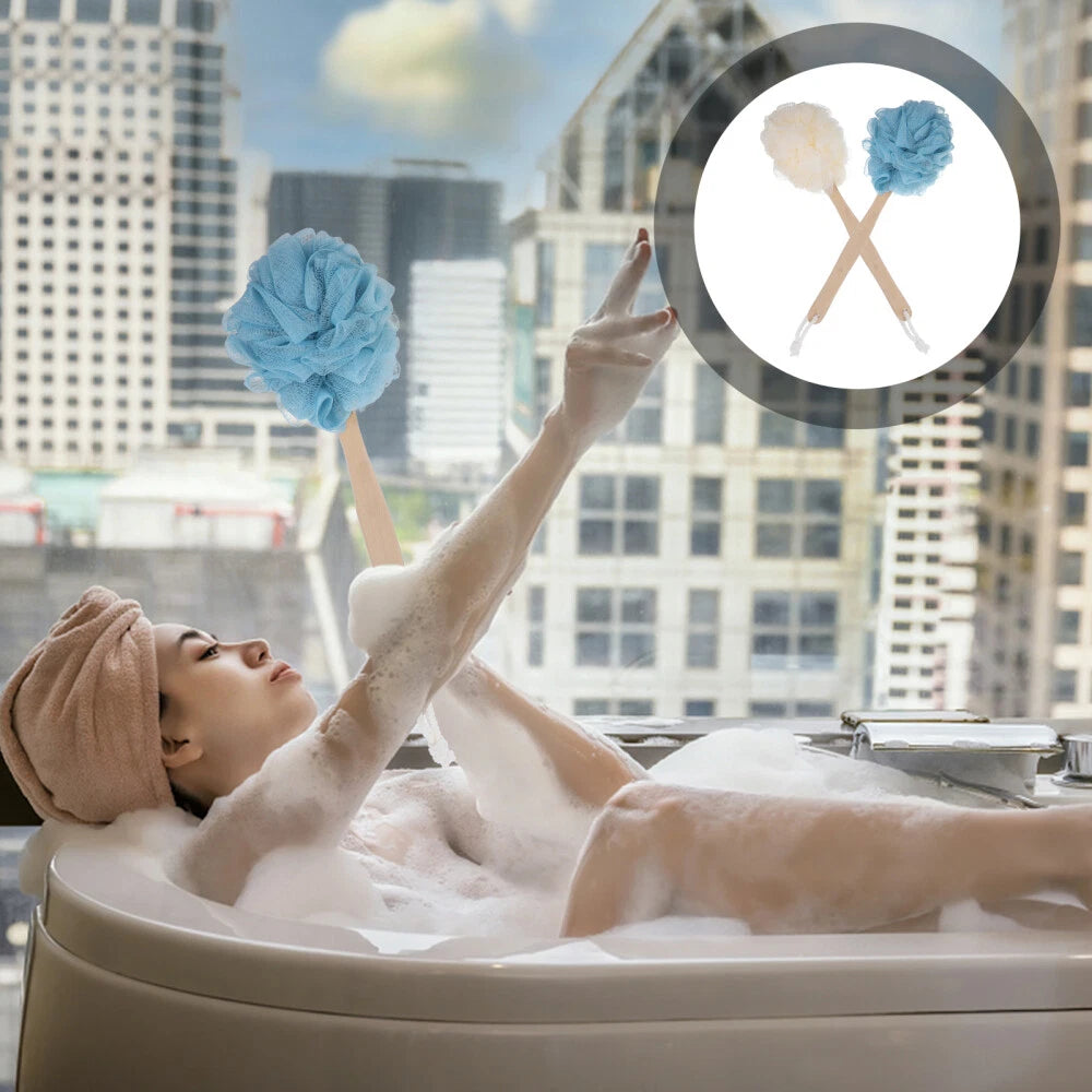 2 Pcs Long Handle Bath Brush Wooden Baby Sponge Shower Pouf Scrunchie