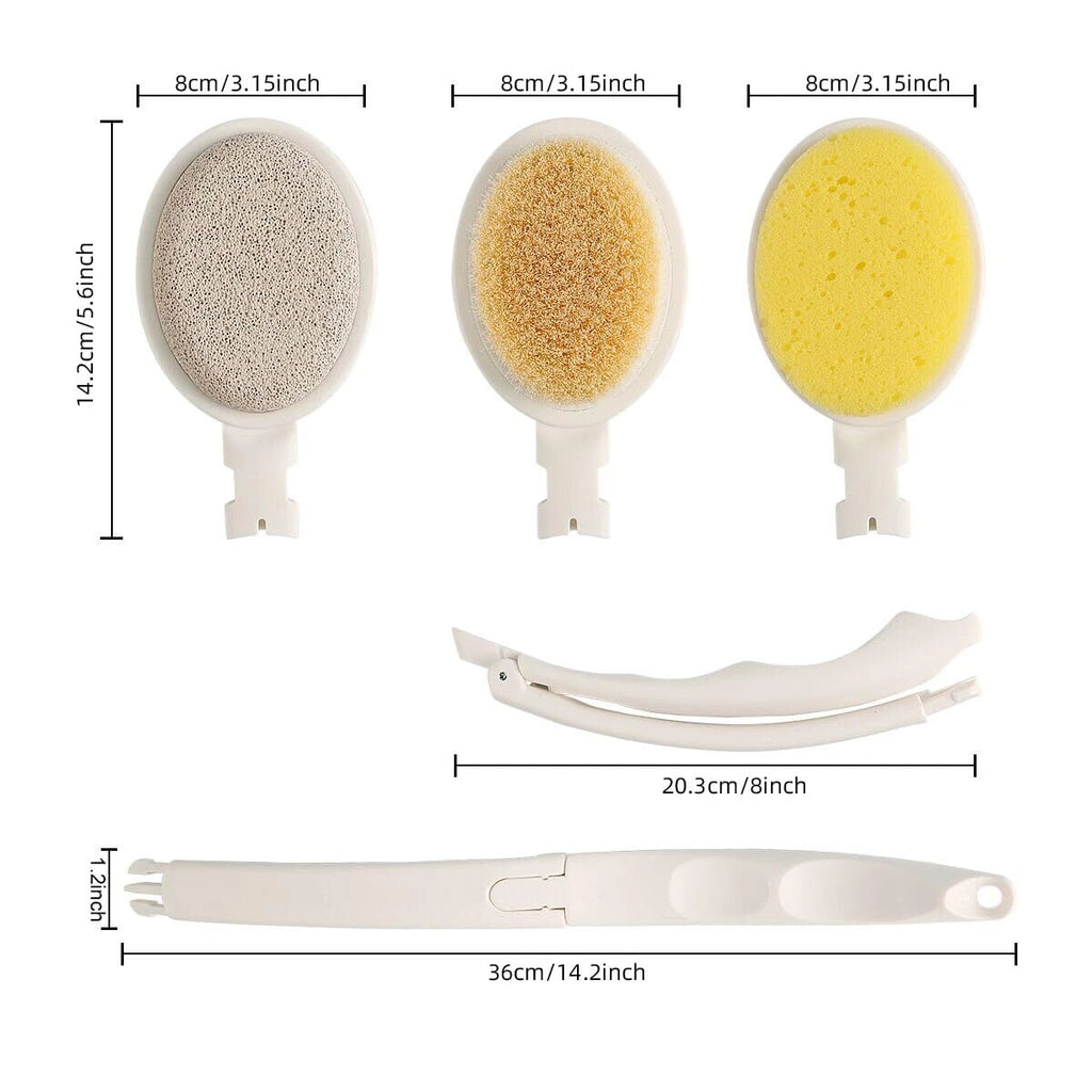 H&E 3 in 1 Bath Sponge Set for Shower, 19" Long Handled Bath Brush