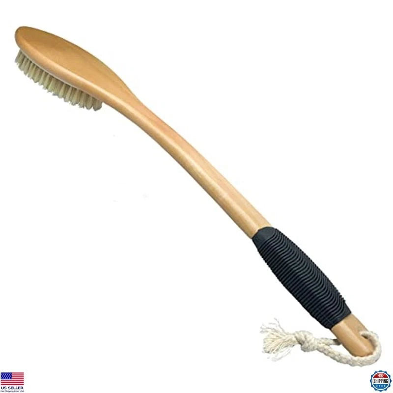Wooden Curved Bath Brush with Long Handle, Antiskid Exfoliating Scrubber