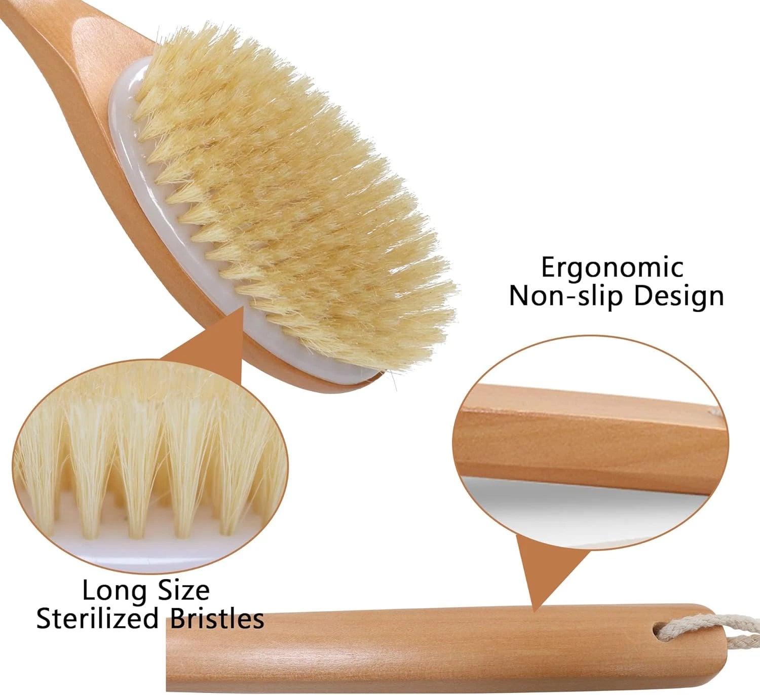 Bath Brushes with Soft and Natural Bristles Antiskid Wooden Long Handle Shower B
