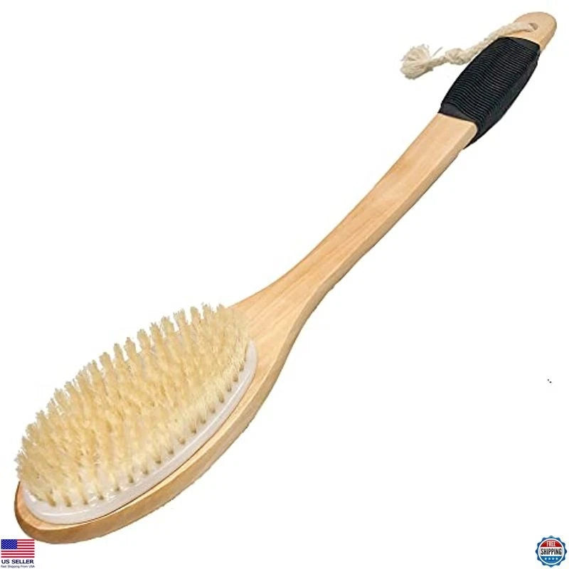 Wooden Curved Bath Brush with Long Handle, Antiskid Exfoliating Scrubber