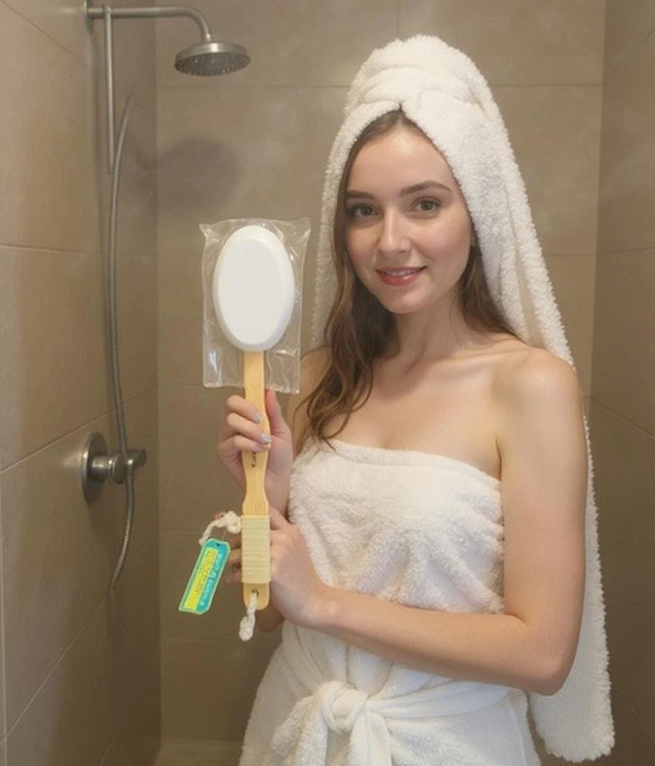 Bathtopia Long Handle Back Scrubber Bath Brush Wooden Handle White Pad Body Wash