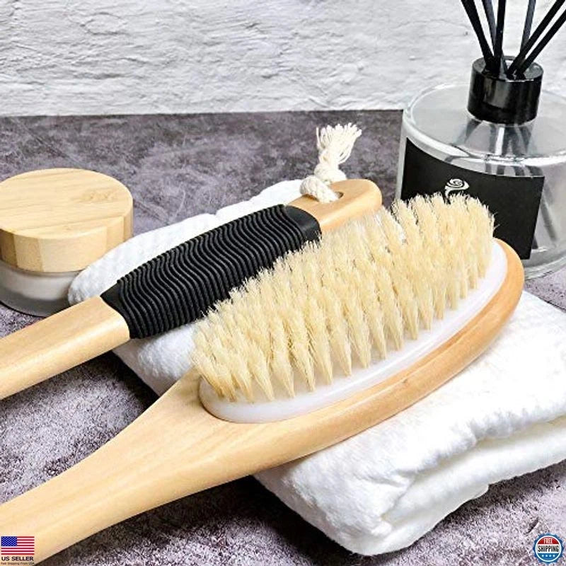 Wooden Curved Bath Brush with Long Handle, Antiskid Exfoliating Scrubber