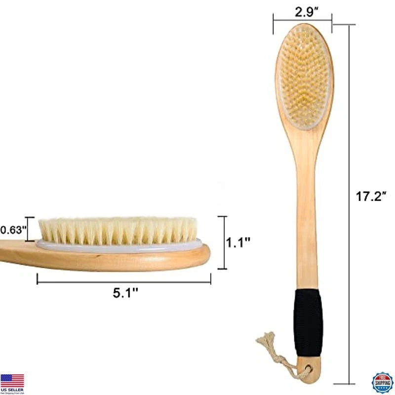 Wooden Curved Bath Brush with Long Handle, Antiskid Exfoliating Scrubber