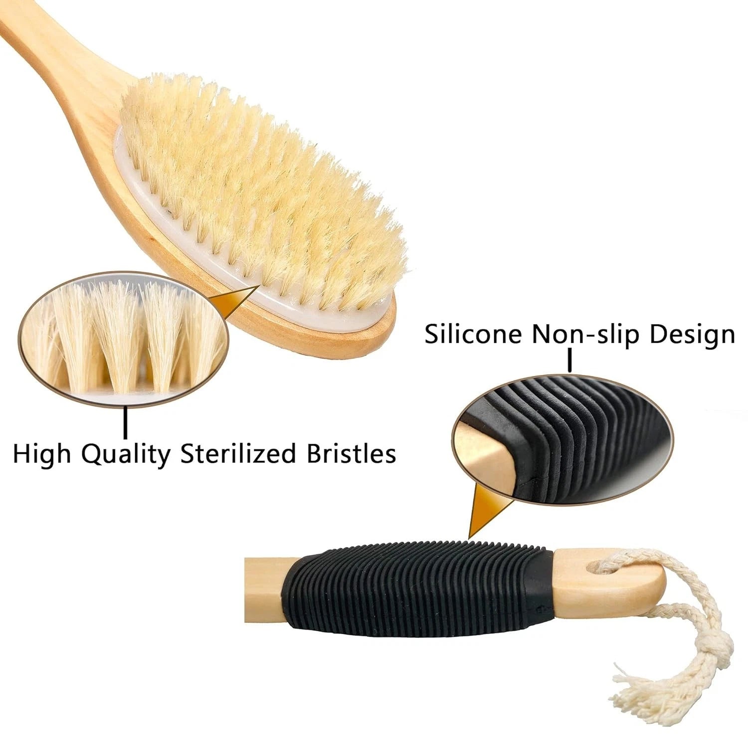 Wooden Long Handle Antiskid Shower Brush, Natural Bristle