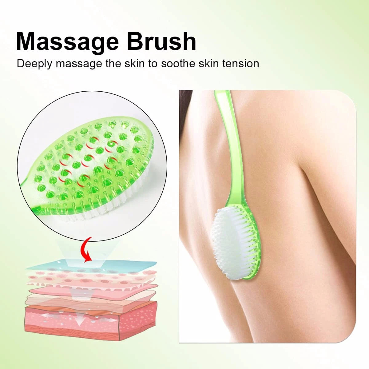 Long Handle Bristle Bath Brush, Body Scrub Brush, Massage Bead Bath Brush