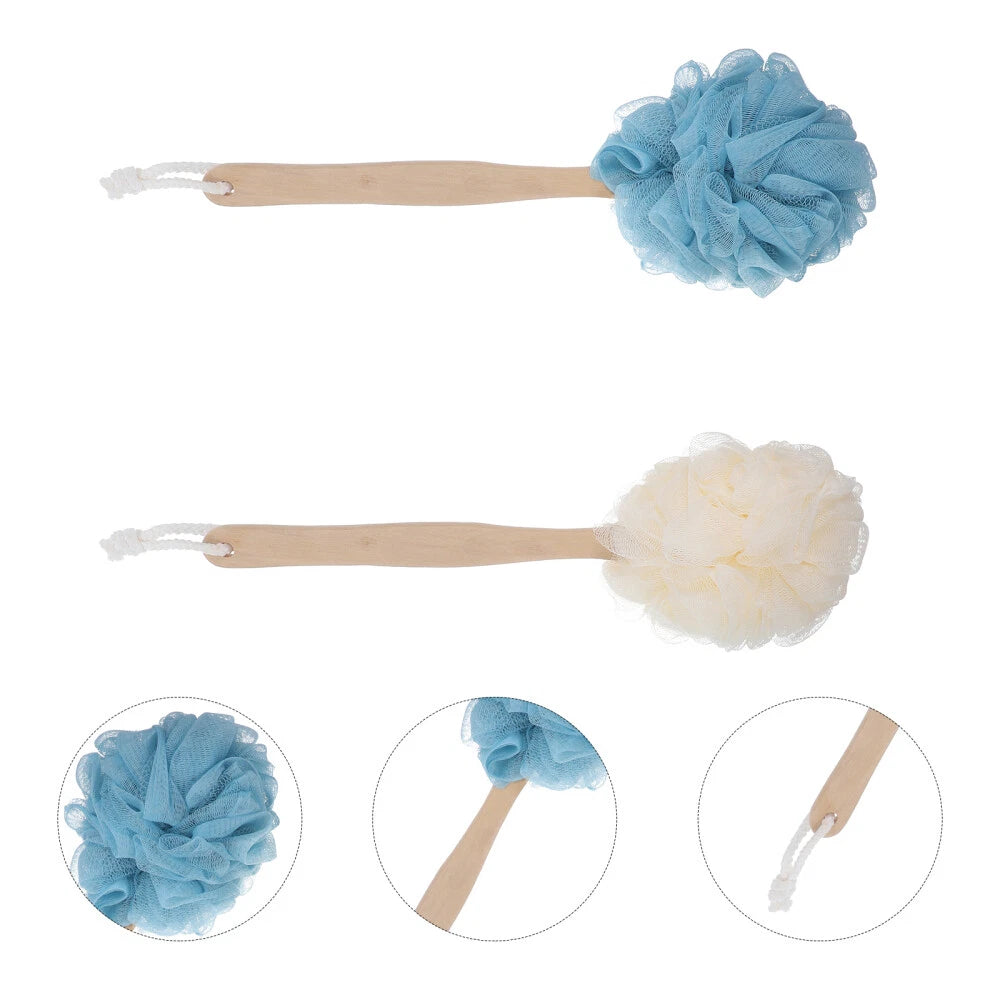 2 Pcs Long Handle Bath Brush Wooden Baby Sponge Shower Pouf Scrunchie