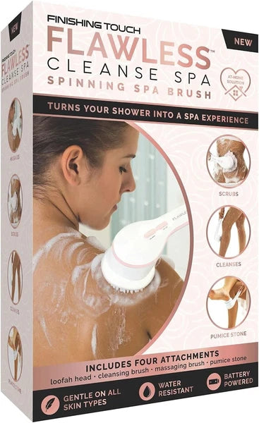 Flawless Cleanse Spa Shower Wand - Cordless Spinning Bath Brush with 4 Attachmen