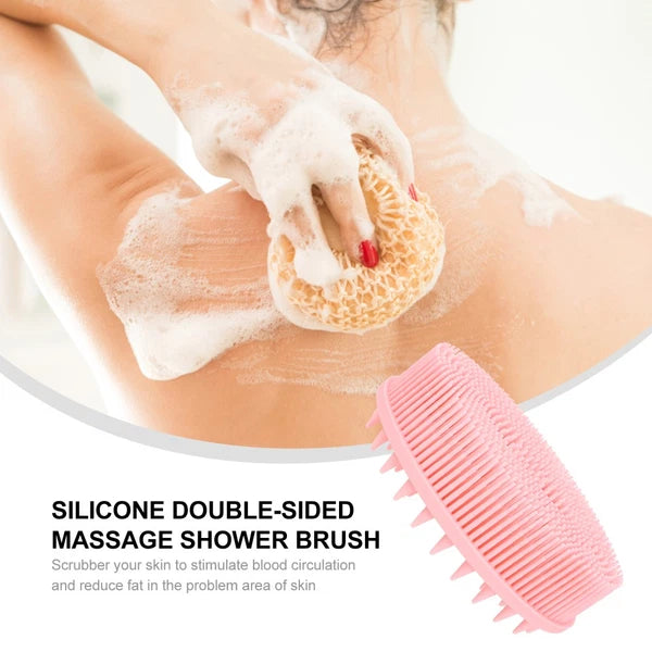 Double-sided Shower Brush Silicone Body Scrubber Bath Massage Brush (Pink)