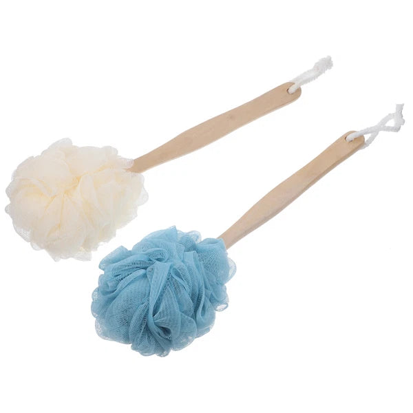 2 Pcs Long Handle Bath Brush Wooden Baby Sponge Shower Pouf Scrunchie