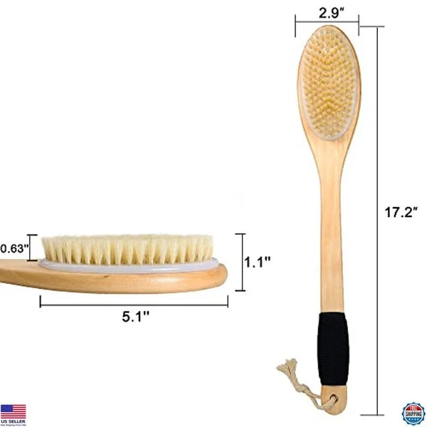 Wooden Curved Bath Brush with Long Handle, Antiskid Exfoliating Scrubber
