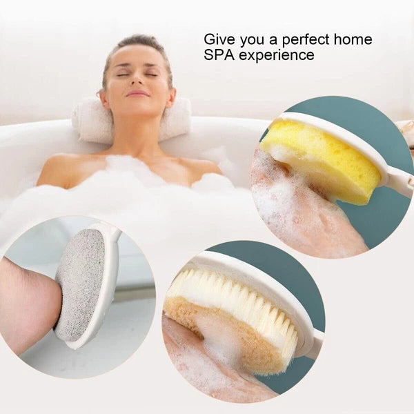 H&E 3 in 1 Bath Sponge Set for Shower, 19" Long Handled Bath Brush