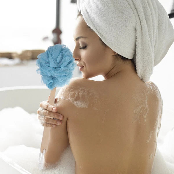 2 Pcs Long Handle Bath Brush Wooden Baby Sponge Shower Pouf Scrunchie